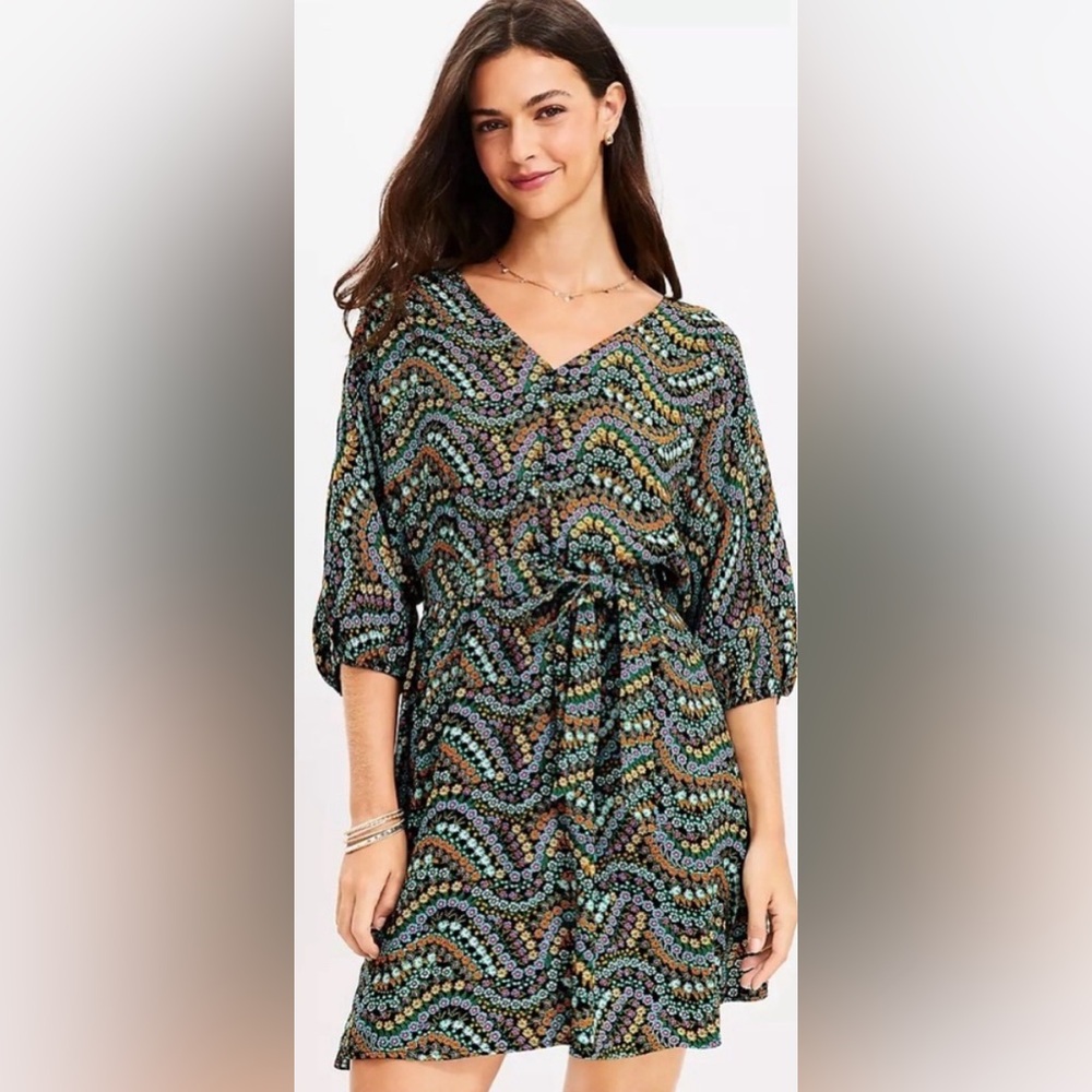 LOFT Black and Green Patterned Mini Dress